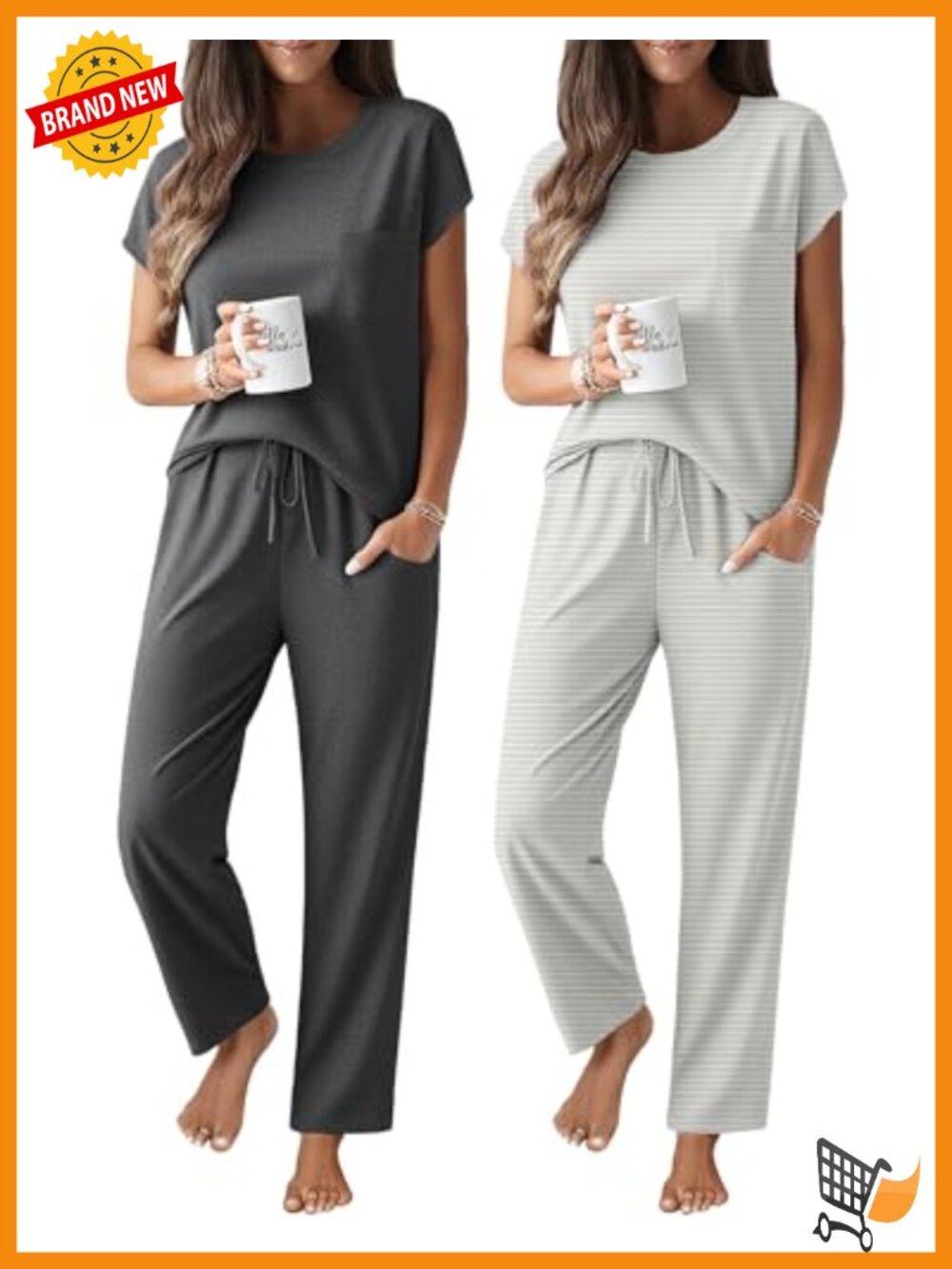 Womens 2 Pack Cap Sleeve Pajama Set Soft Lounge Top and Pants
